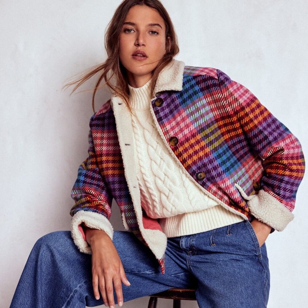Boden Stirling Check Coat Rainbow Blanket Multigingham Size 16/18